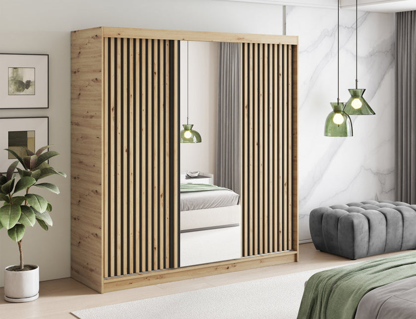 Emerio Mirrored 3 Sliding Door Freestanding Wardrobe - Maple Oak