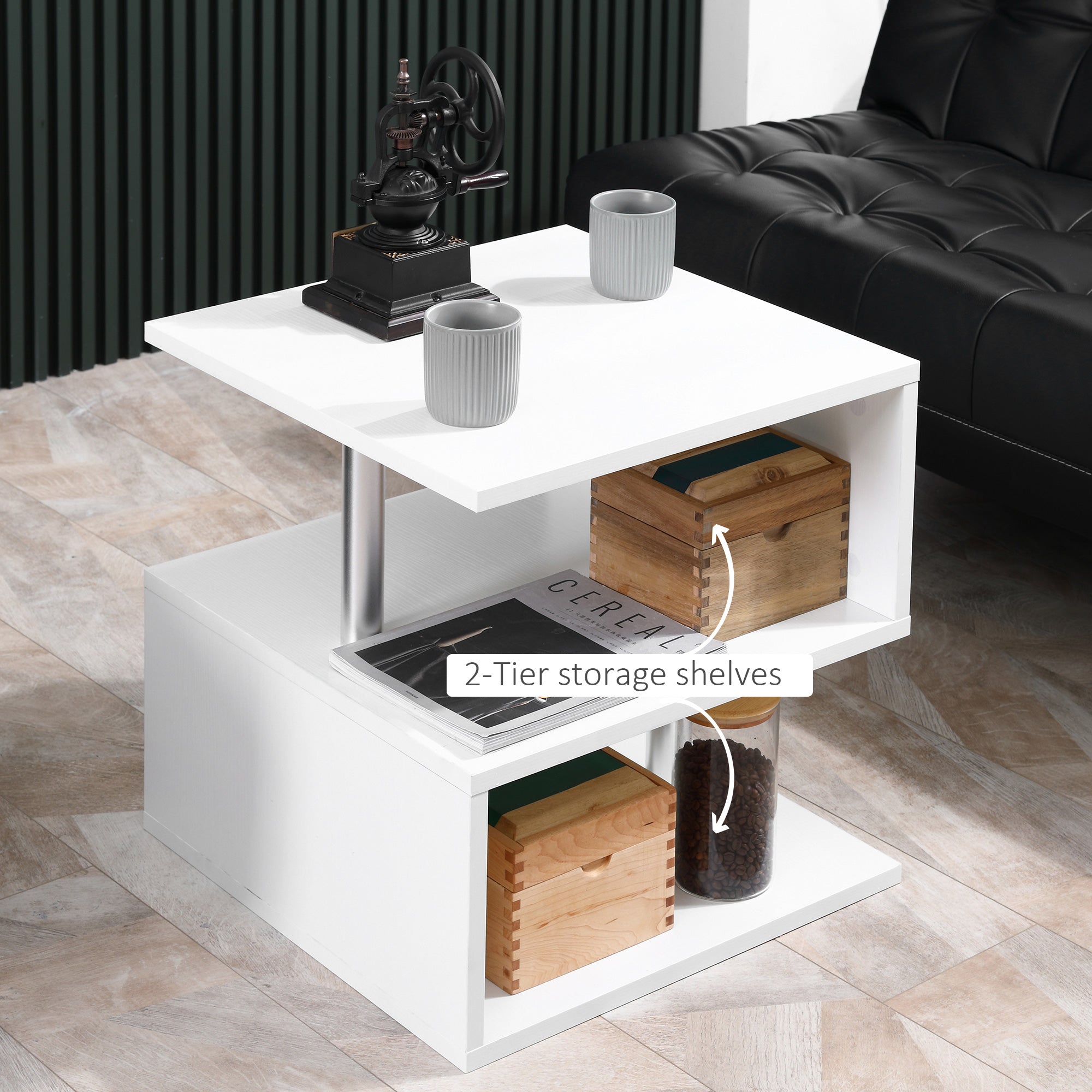 Caelan Wooden S Shape End Table with 3 Tier Storage Shelves-White