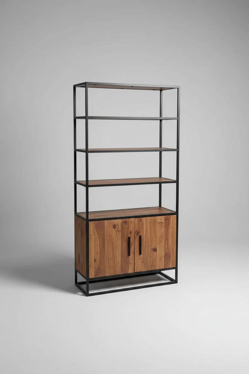 Étagère en Bois d'Acacia 2 portes sur structure d'acier noir
