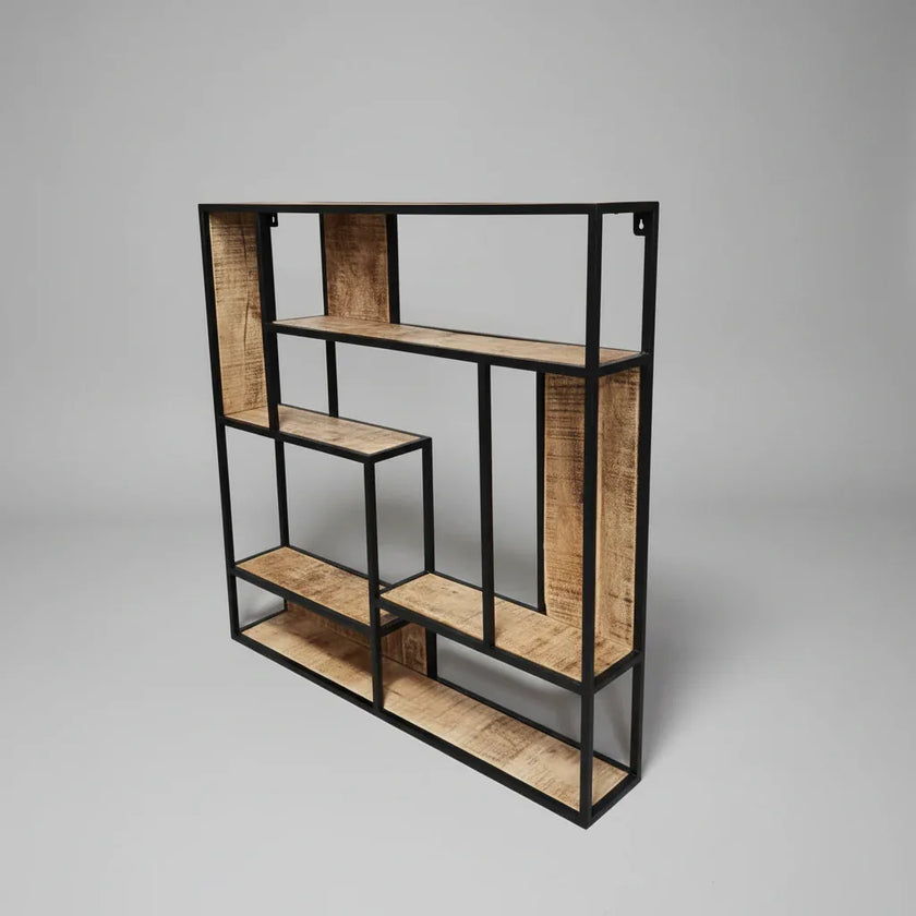 Étagère murale carrée en bois de manguier et acier noir