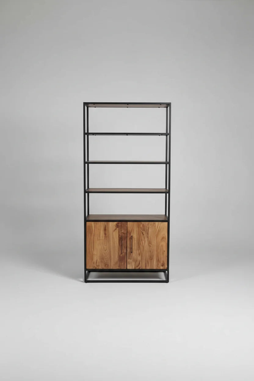 Étagère en Bois d'Acacia 2 portes sur structure d'acier noir