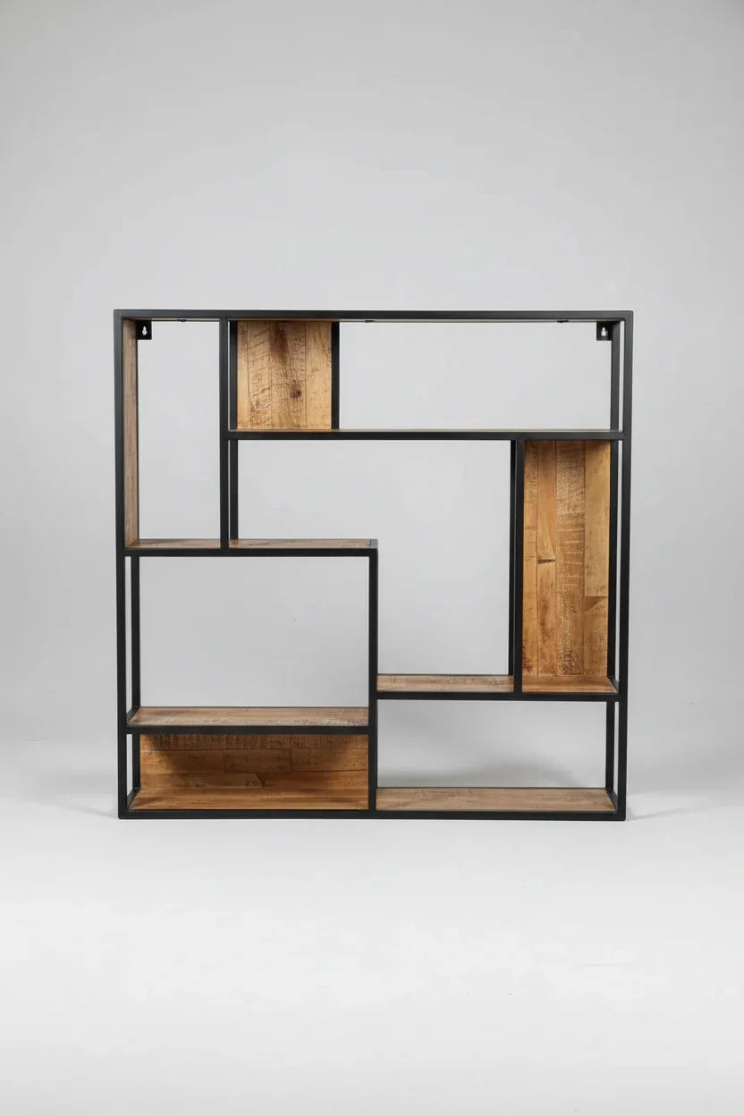 Étagère murale carrée en bois de manguier et acier noir