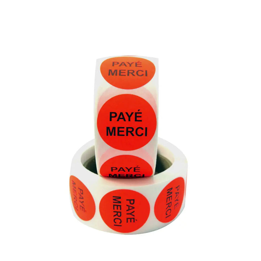 Étiquettes, avec inscription « Payé merci », 1 ½