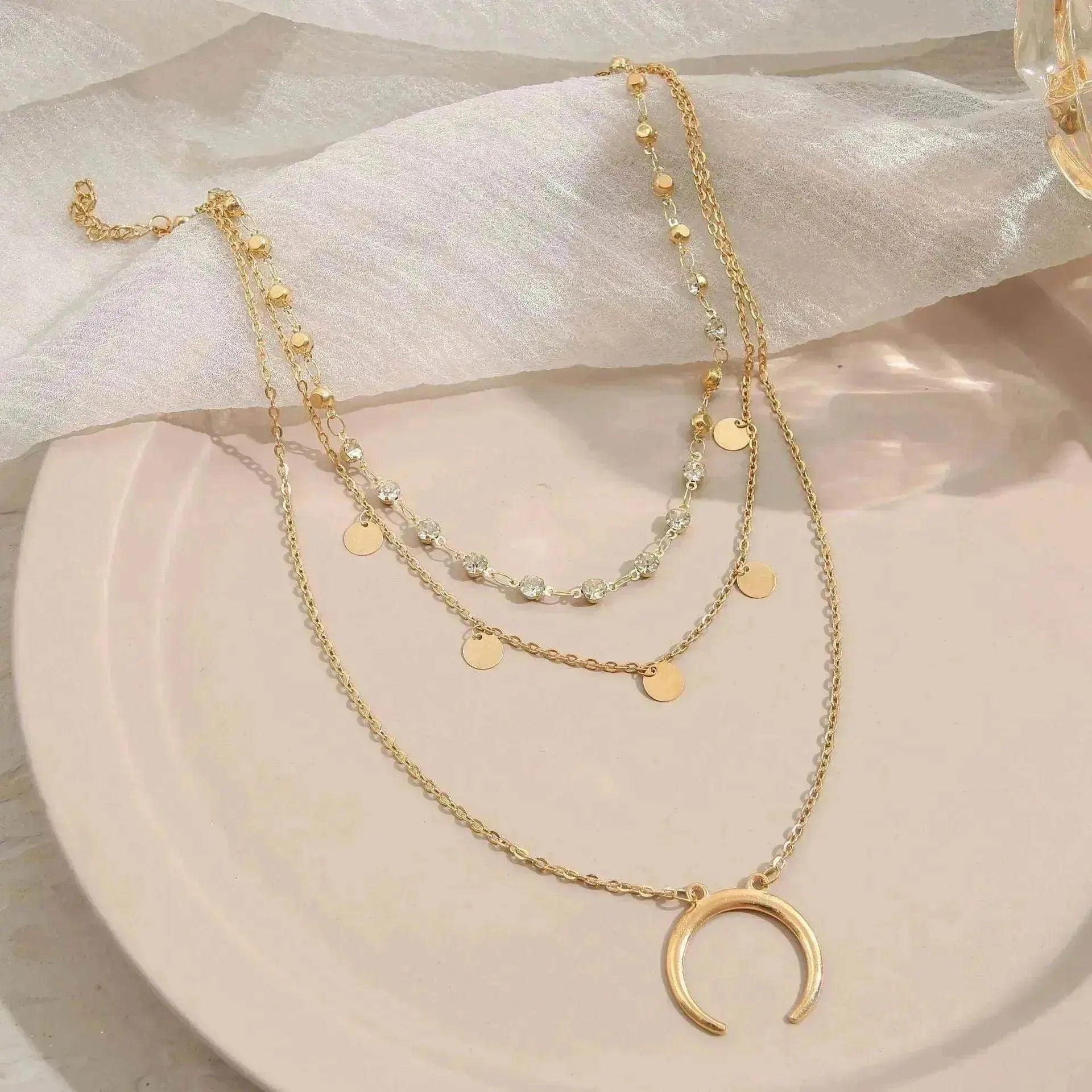 European And American Small Round Slice Tassel Moon Multi-layer Necklace