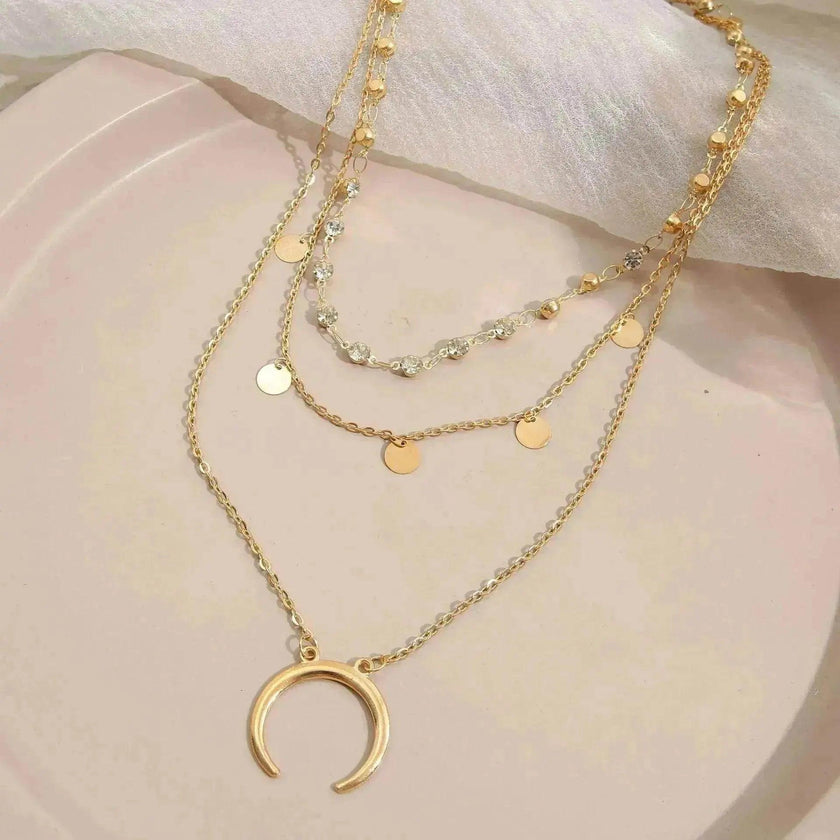European And American Small Round Slice Tassel Moon Multi-layer Necklace
