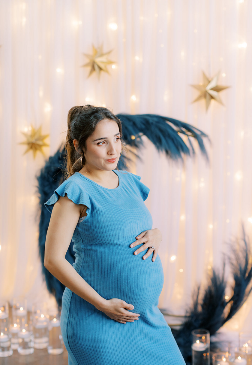 Baby Blue Ruffle Sleeve Ribbed Maternity Dress