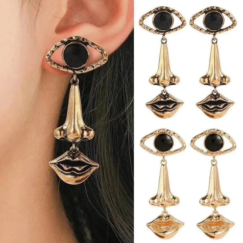Exaggerated Long Retro Nose Lips Eye Dangle Earrings