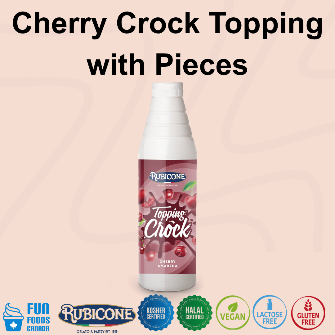 Cherry Topping with Pieces - 1 KG Squeeze Bottle - Cherry Crock Topping - Rubicone Canada - Ships Free Within Canada on Orders Above CAD $199