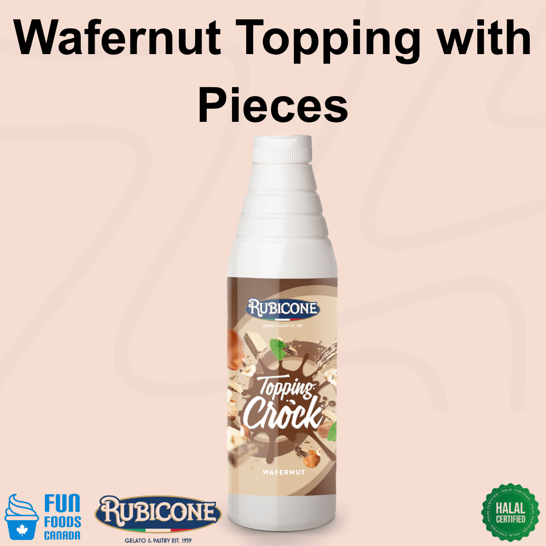 Hazelnut Topping with Pieces - 1 KG Squeeze Bottle - Wafernut Crock Topping - Rubicone Canada - Ships Free Within Canada on Orders Above CAD $199