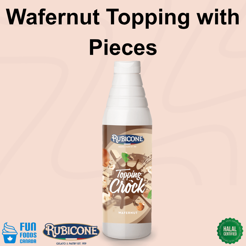 Hazelnut Topping with Pieces - 1 KG Squeeze Bottle - Wafernut Crock Topping - Rubicone Canada - Ships Free Within Canada on Orders Above CAD $199