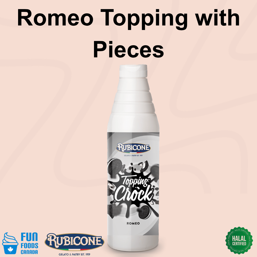 Cookies and Cream Chocolate Topping with Pieces - 1 KG Squeeze Bottle - Romeo (Oreo) Crock Topping - Rubicone Canada - Ships Free Within Canada on Orders Above CAD $199