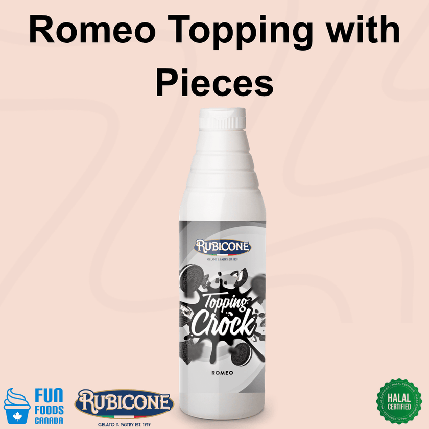 Cookies and Cream Chocolate Topping with Pieces - 1 KG Squeeze Bottle - Romeo (Oreo) Crock Topping - Rubicone Canada - Ships Free Within Canada on Orders Above CAD $199