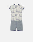 Organic Cotton Two Piece Short Pajama Set Heather Beige Printed Dinosaurs