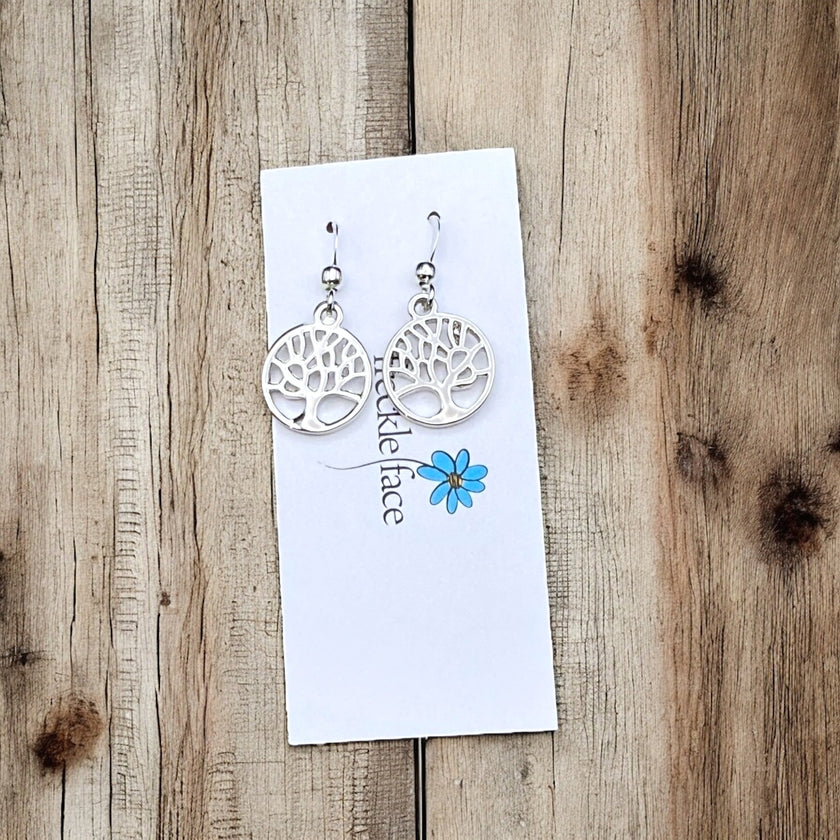 Tree Silhouette Dangle Earrings – Matte & Polished Silver Options