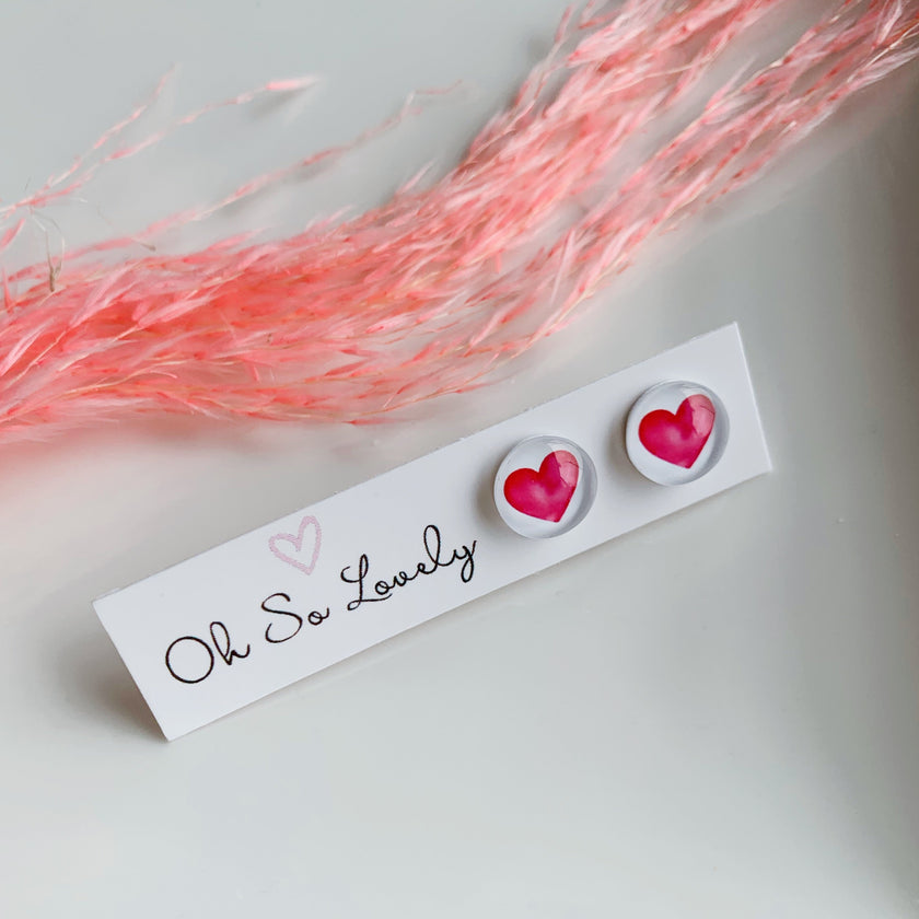 Watercolour pink Heart stud earrings