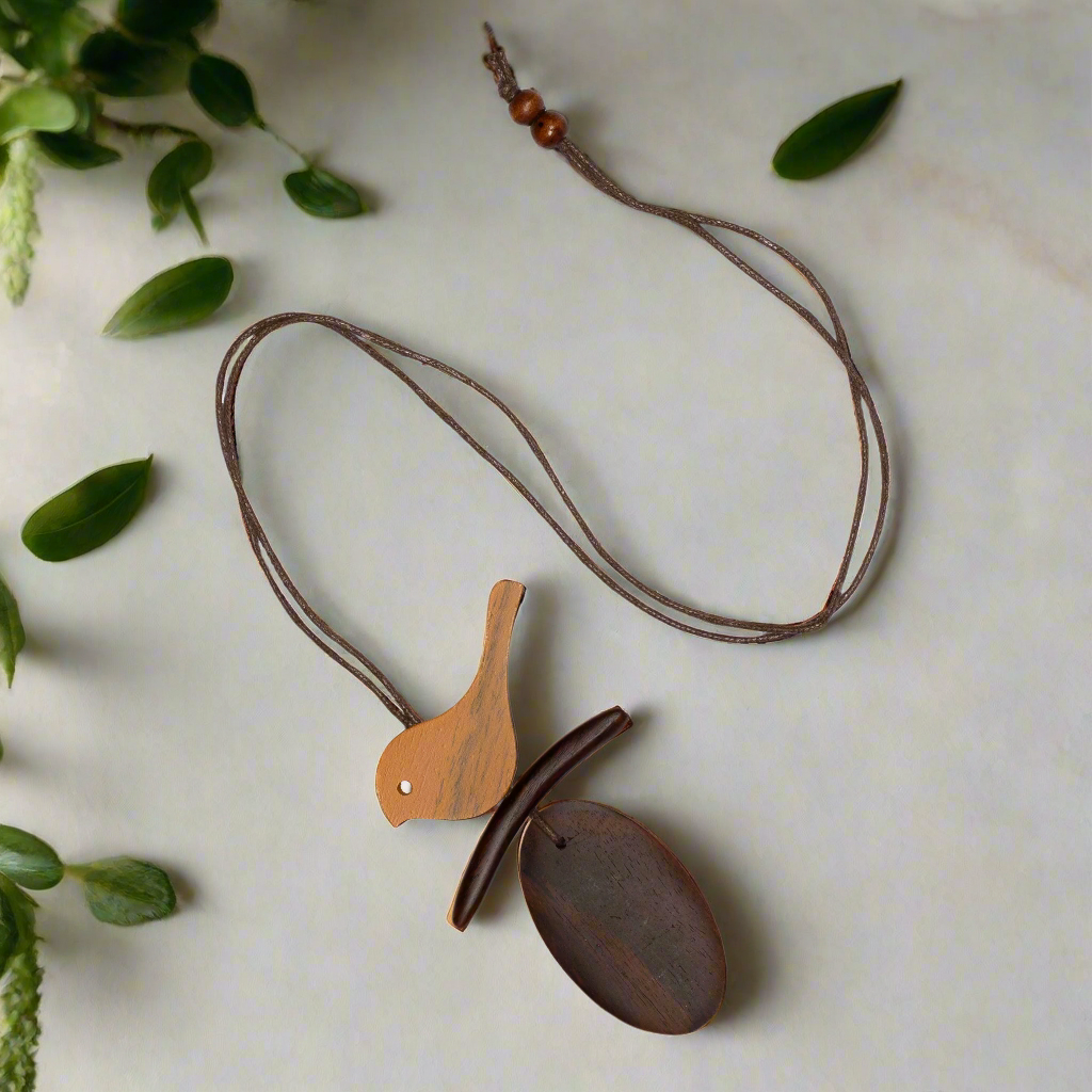 Tinted Wood Bird On Branch Necklace