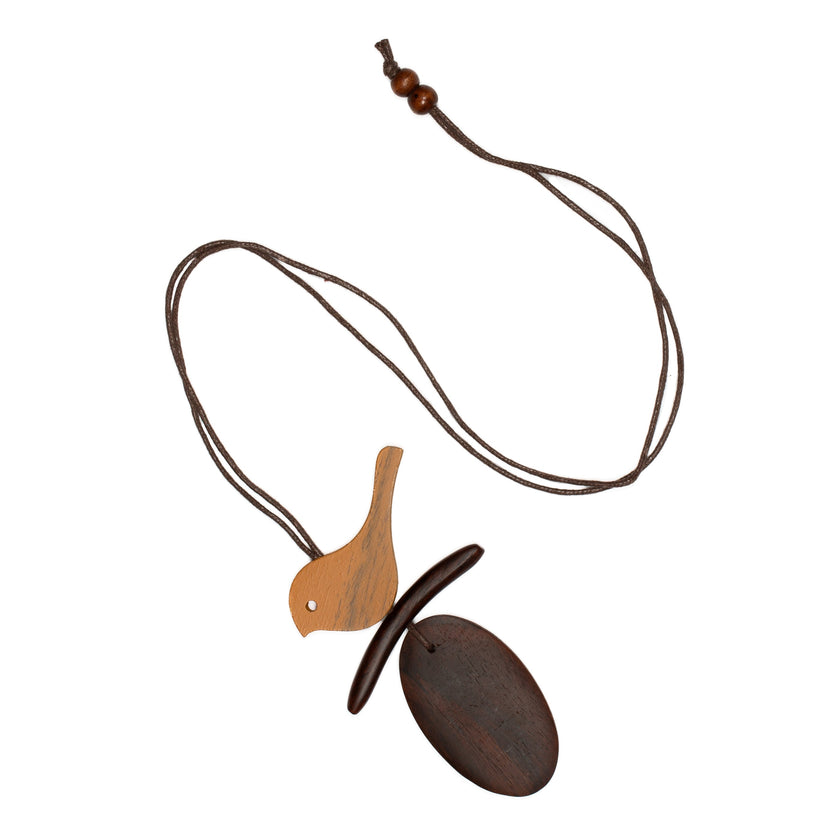 Tinted Wood Bird On Branch Necklace