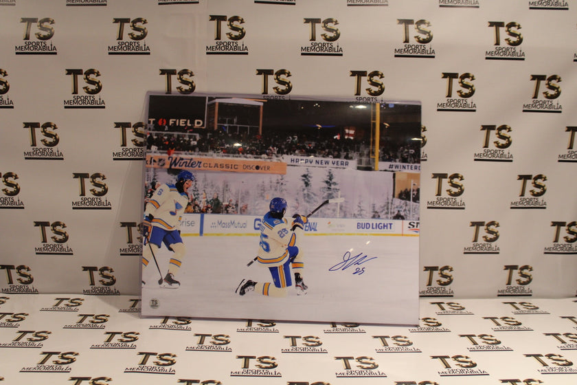 Jordan Kyrou Autographed St. Louis Blues 2022 Winter Classic Goal Celebration 16x20 Photo