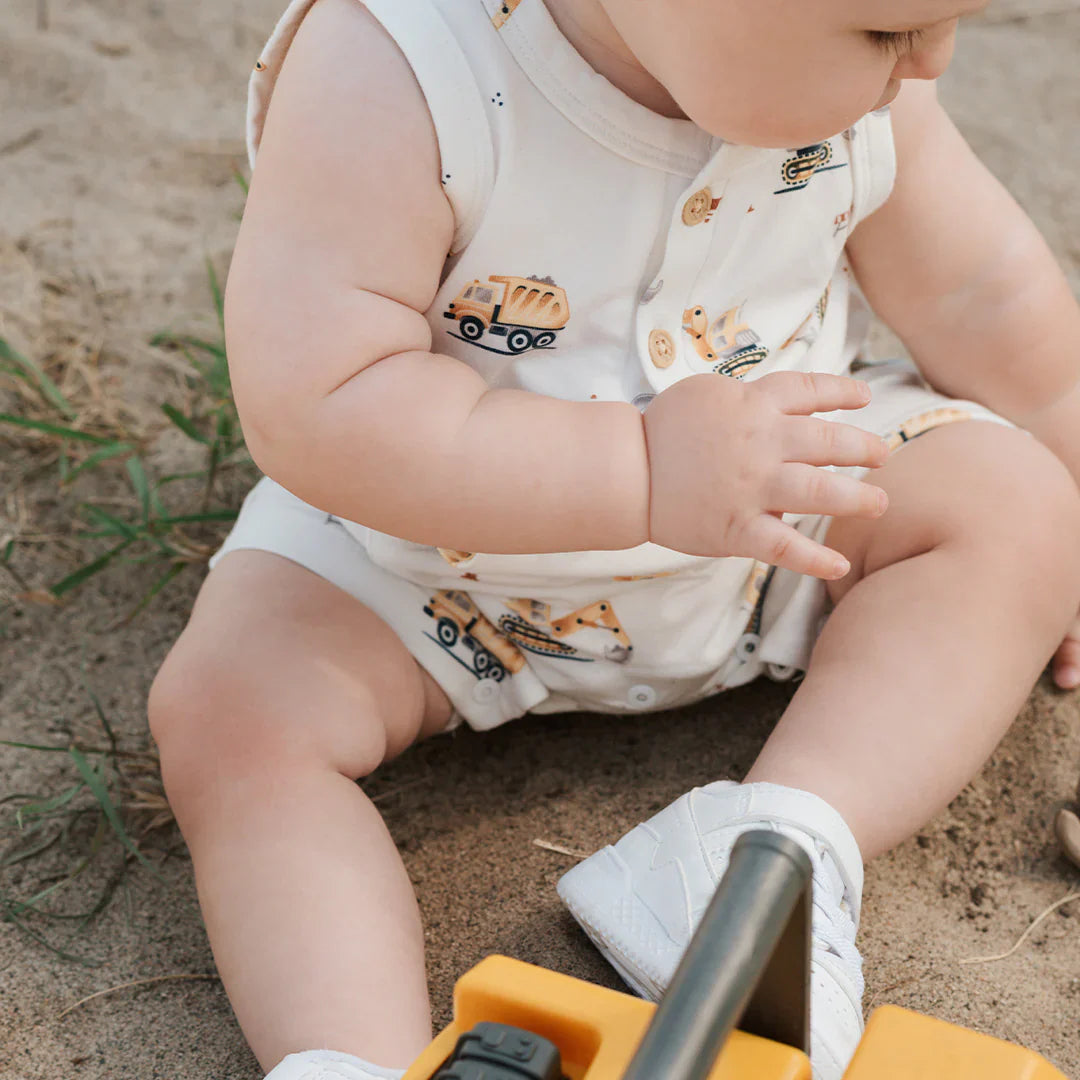 Sleeveless Romper | Diggers on White | Petit Lem