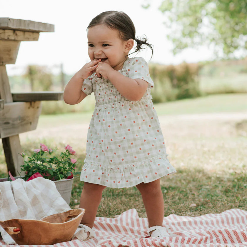 2 Piece Dress & Bloomer Set | Strawberry Gingham | Petit Lem