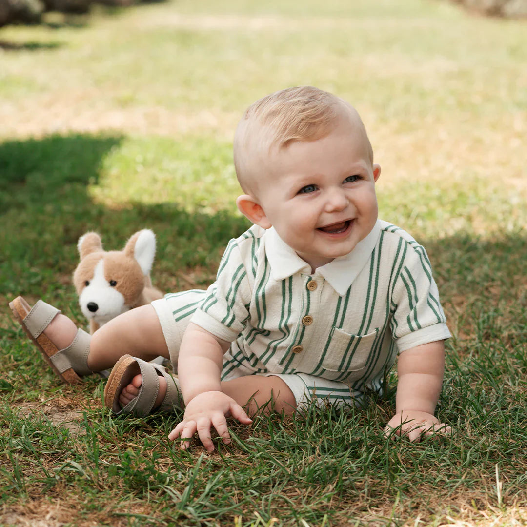 Collared Shortsleeved Romper | Green Stripe | Petit Lem