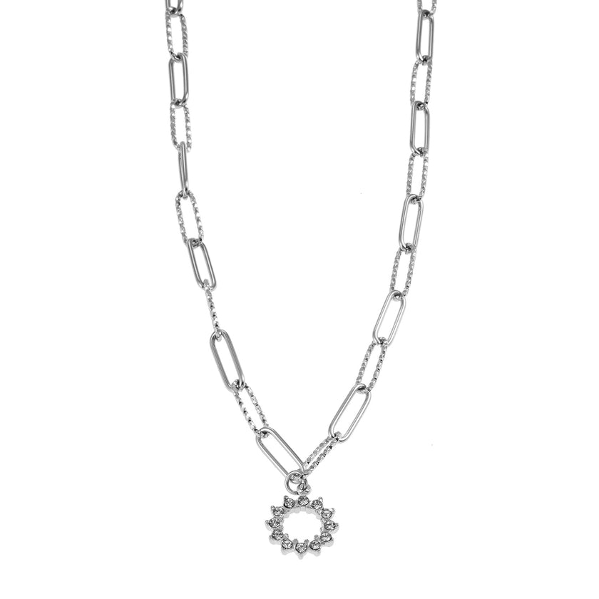 FRETTA: Radiant Star Shaped Pendant Zirconia Paper-Clip Chain Necklace in White Gold (Silver Toned)