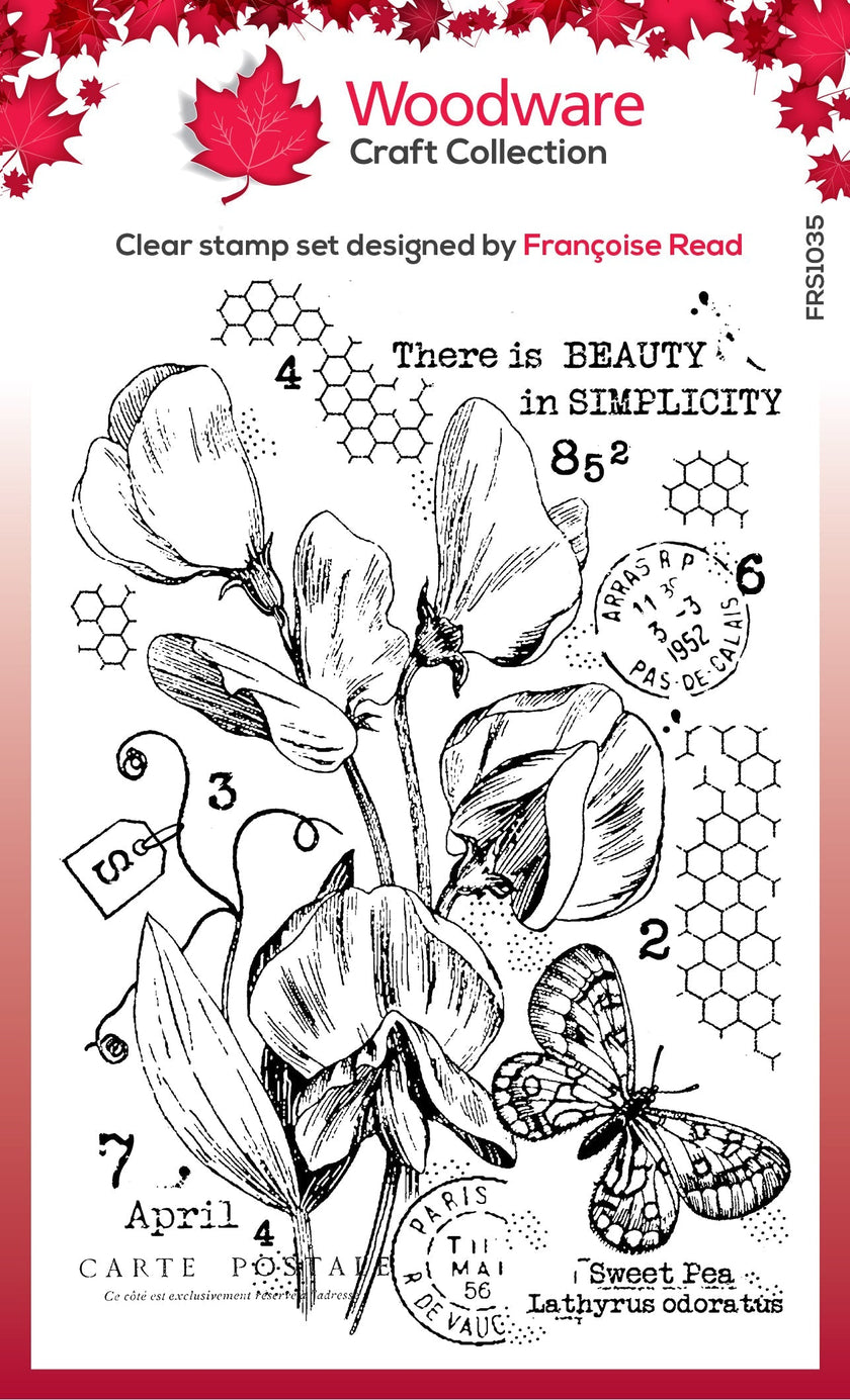 Woodware Clear Singles Sweet Pea Postcard 4 in x 6 in Stamp Set