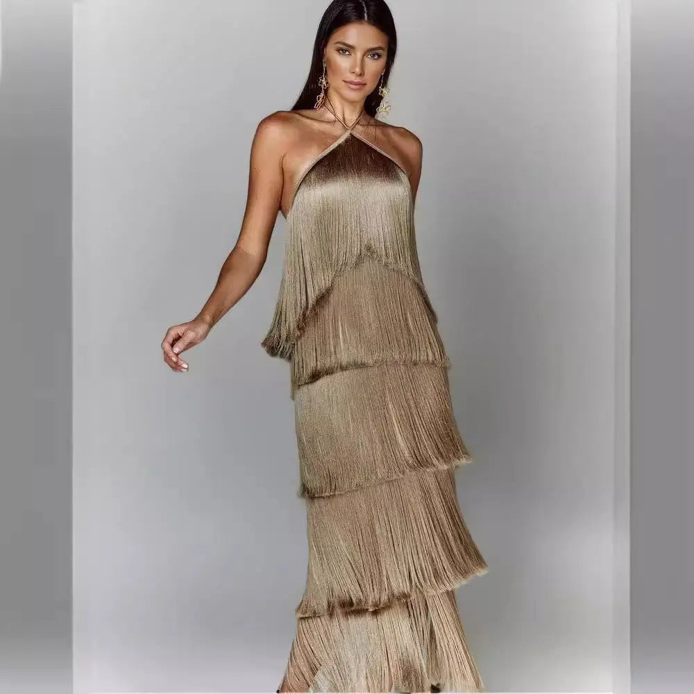 Fashion Halter Backless Sleeveless Tassel fringe  Dress