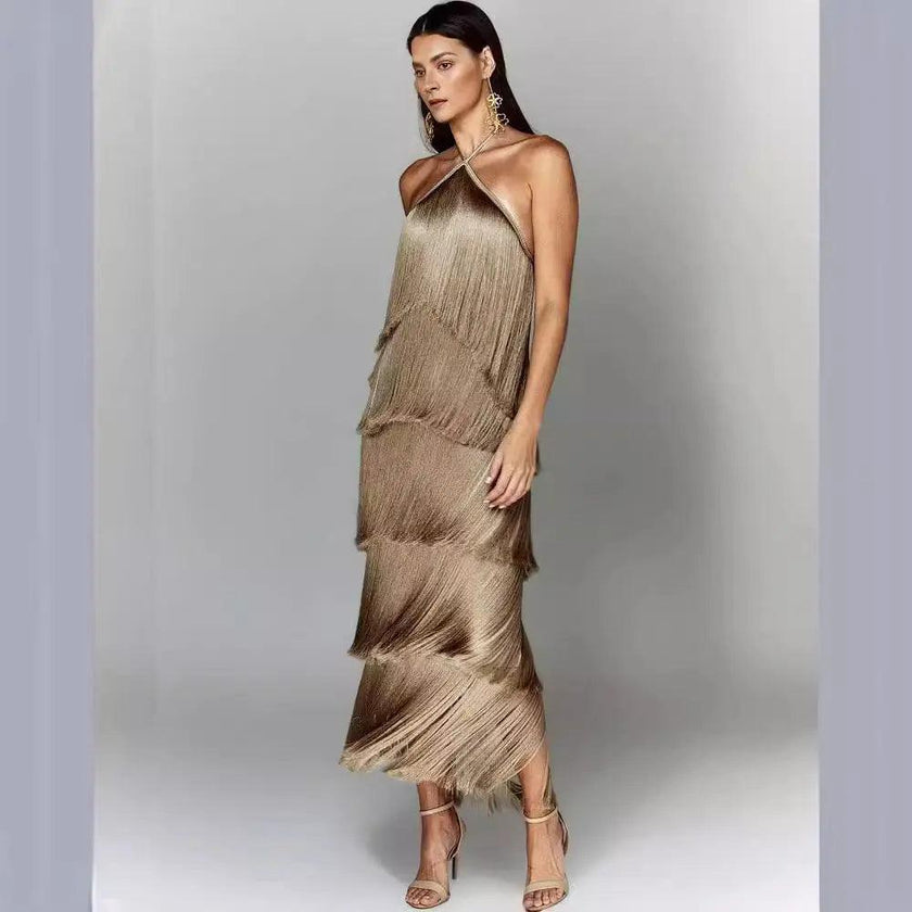 Fashion Halter Backless Sleeveless Tassel fringe  Dress