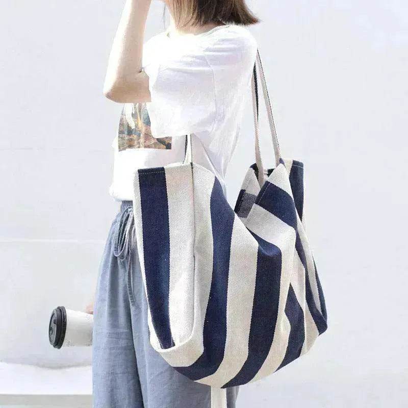 Fashion Shopper Handbags Women Striped Canvas Totes