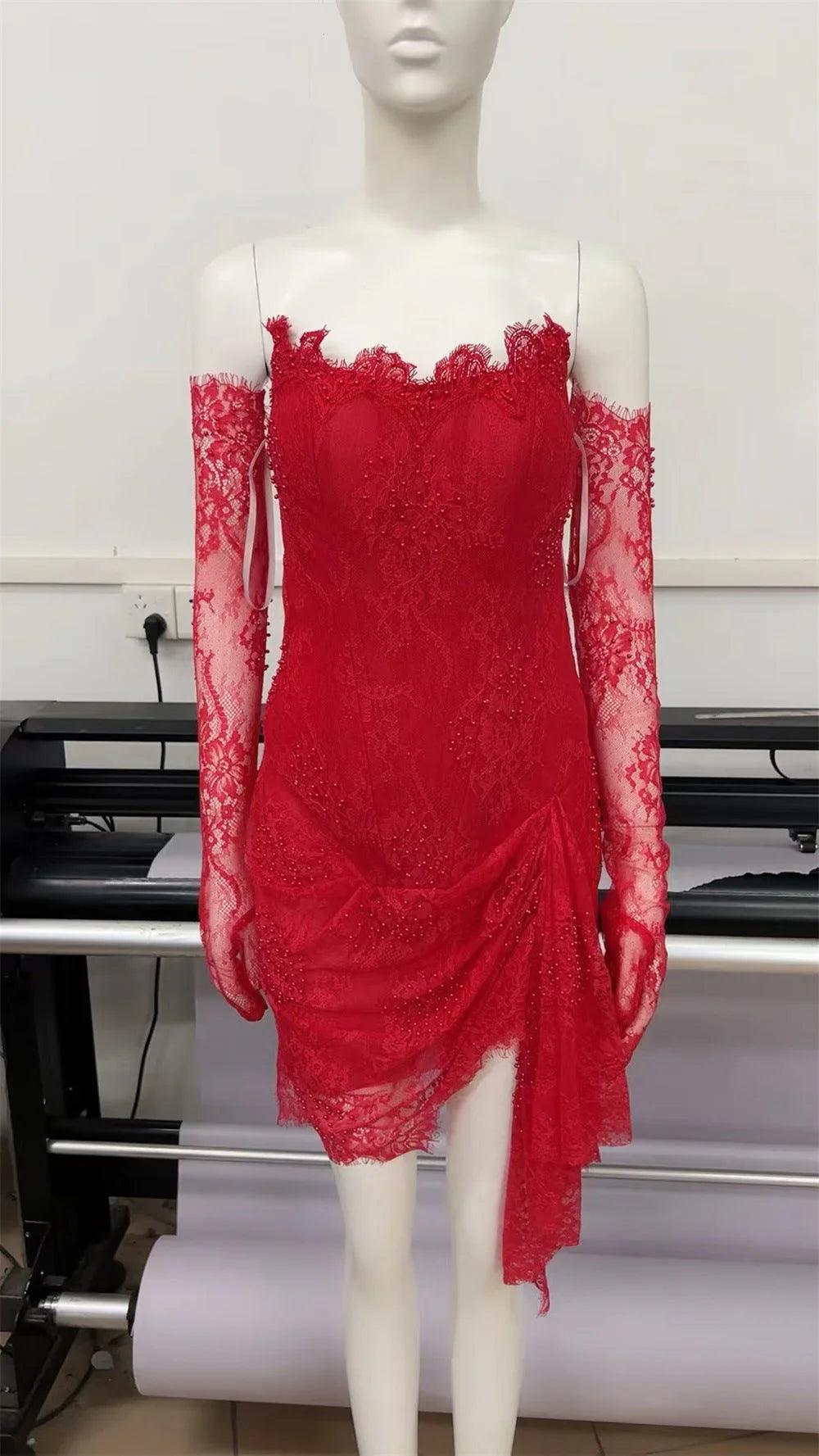Fashionable Oversleeve Tube Top Lace Fashion Party Dinner Dress