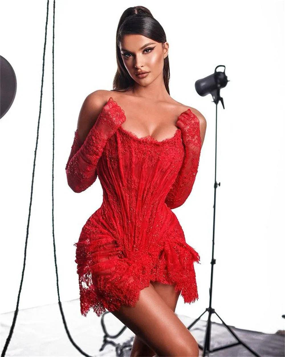 Fashionable Oversleeve Tube Top Lace Fashion Party Dinner Dress