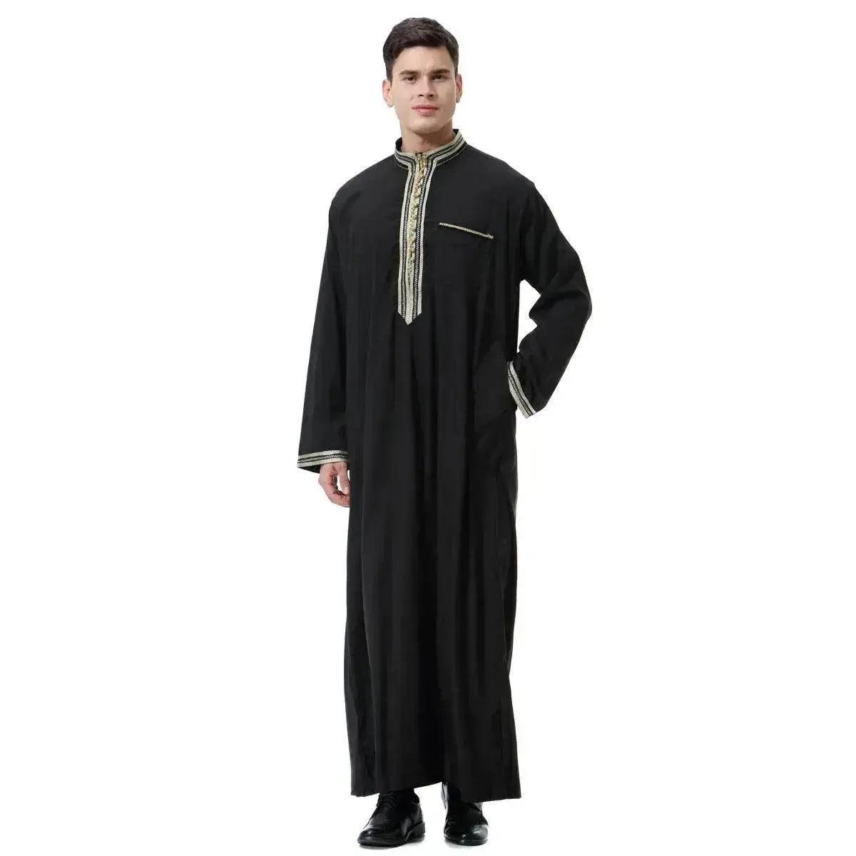 Fashionable and Elegant Arab Middle East Men's Applique Stand Collar Robe, TH810 Moroccan Men's Jalabiya