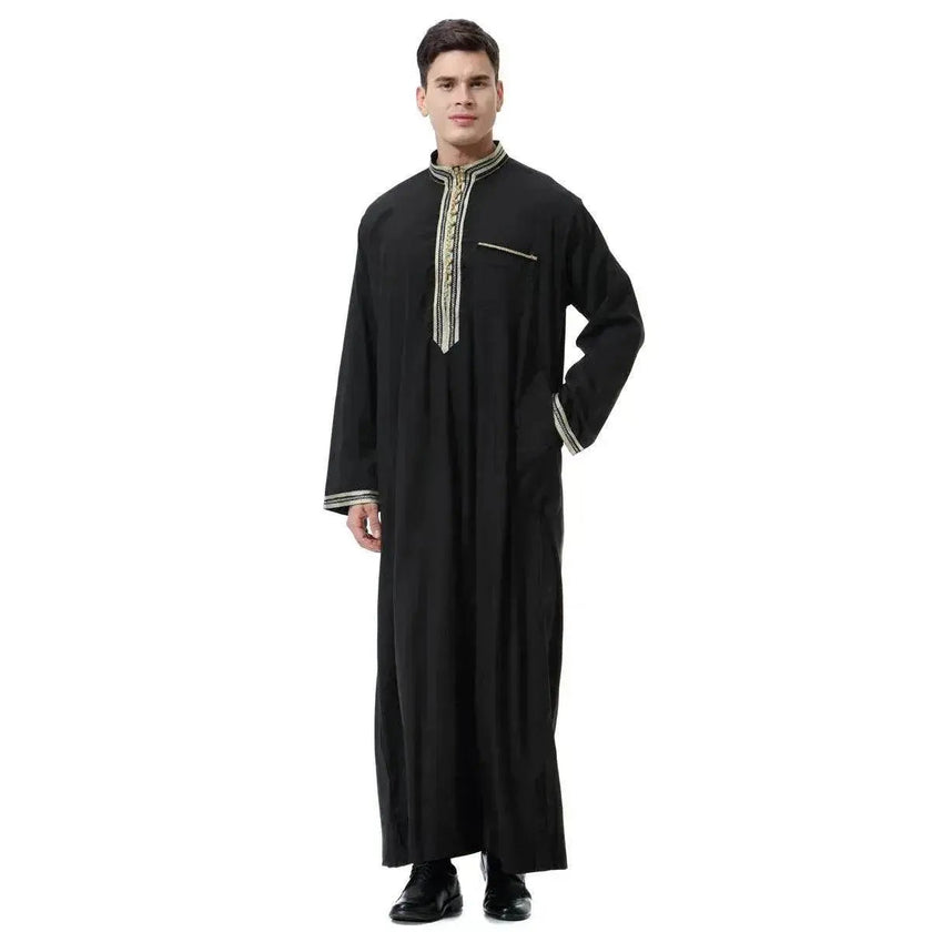 Fashionable and Elegant Arab Middle East Men's Applique Stand Collar Robe, TH810 Moroccan Men's Jalabiya