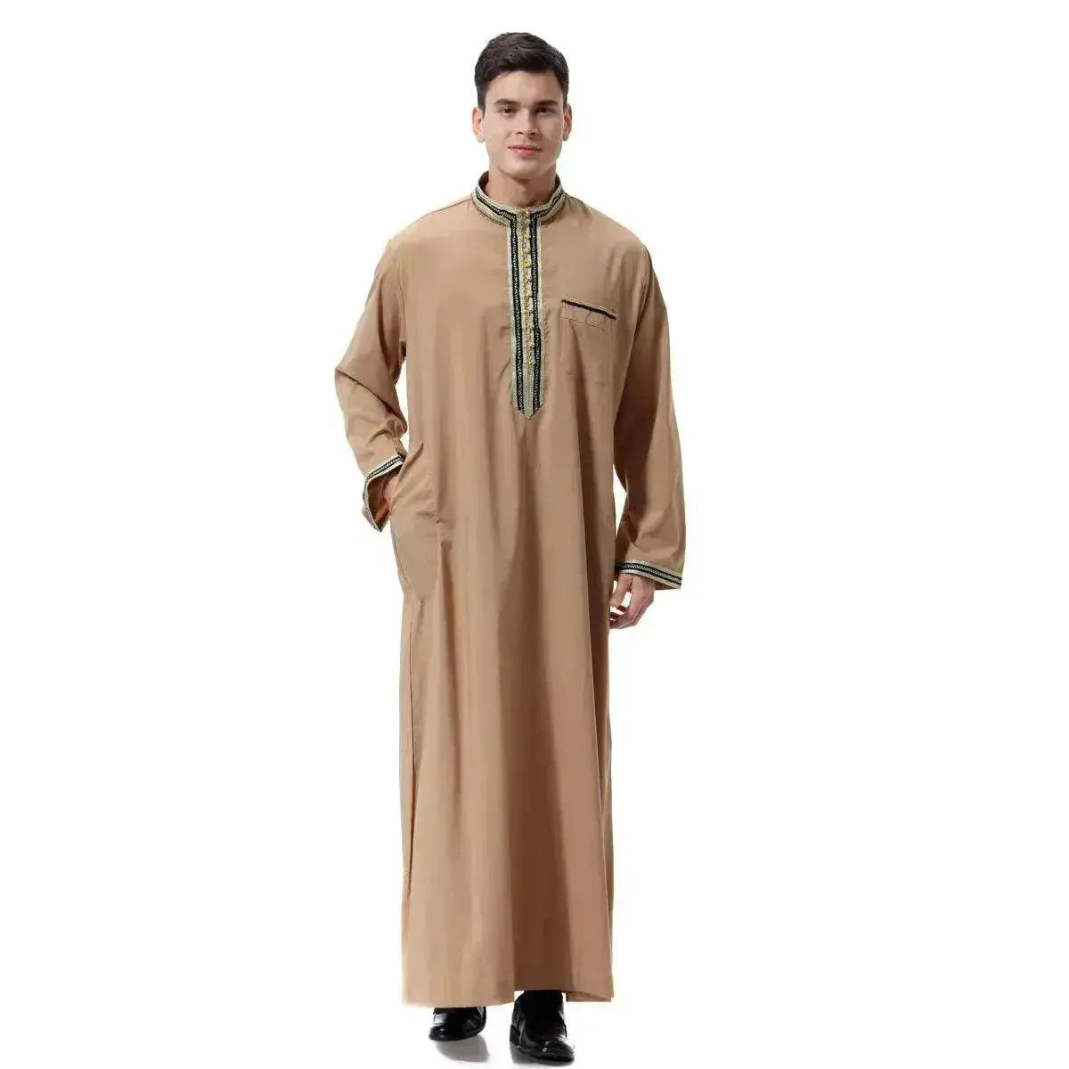 Fashionable and Elegant Arab Middle East Men's Applique Stand Collar Robe, TH810 Moroccan Men's Jalabiya