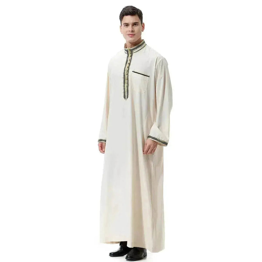 Fashionable and Elegant Arab Middle East Men's Applique Stand Collar Robe, TH810 Moroccan Men's Jalabiya