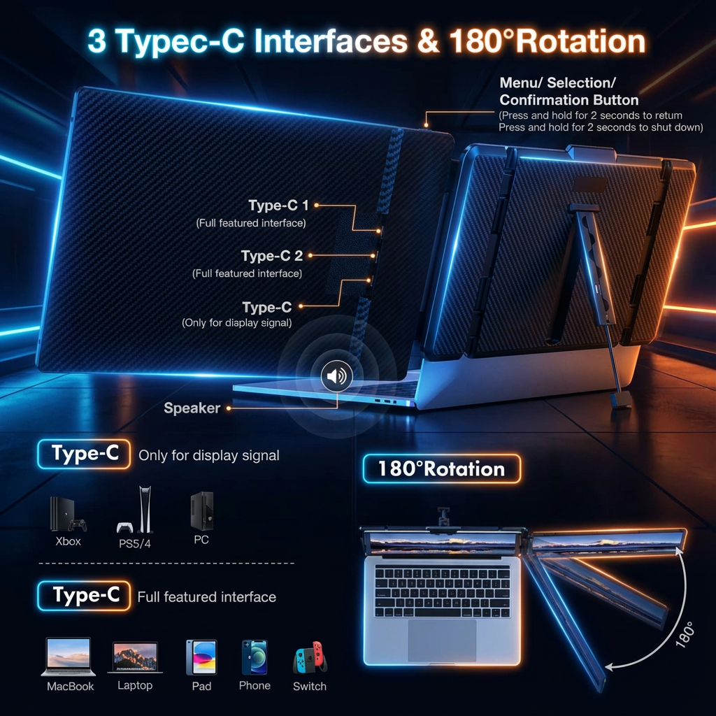 TUTT 14” Single Portable Monitor, Dual Screen Extender, Built-in Stand and Speakers, All Devices, S1