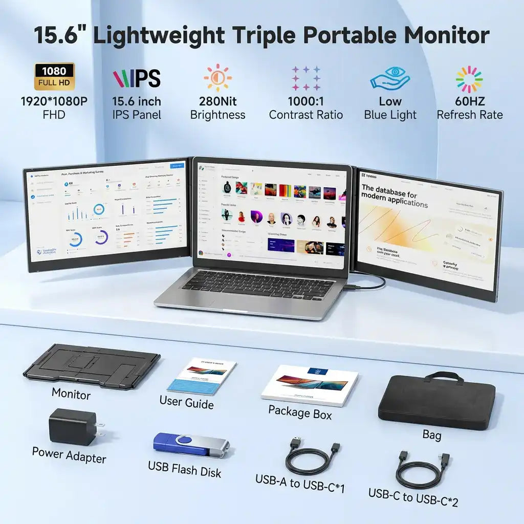 TUTT 15.6″ Dual Screen Portable Monitor | Single USB-C Cable Setup |  Silver Ultra Thin & Light, Built-In Speaker + Leather Bag | P7 Pro