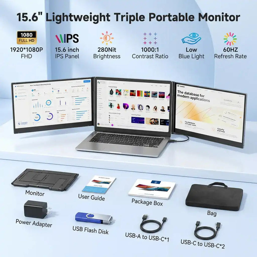 TUTT 15.6″ Dual Screen Portable Monitor | Single USB-C Cable Setup |  Silver Ultra Thin & Light, Built-In Speaker + Leather Bag | P7 Pro