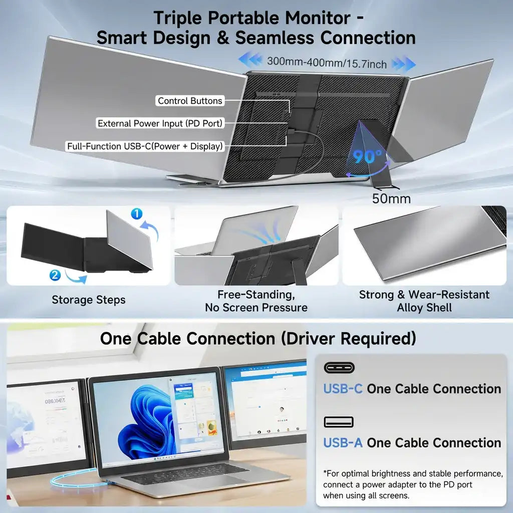TUTT 15.6″ Dual Screen Portable Monitor | Single USB-C Cable Setup |  Silver Ultra Thin & Light, Built-In Speaker + Leather Bag | P7 Pro