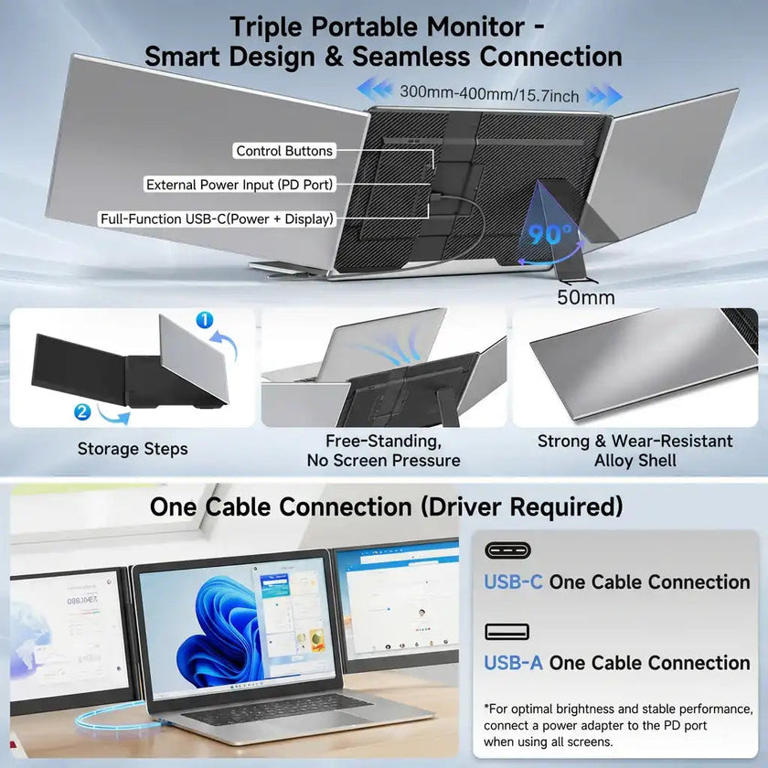 TUTT 15.6″ Dual Screen Portable Monitor | Single USB-C Cable Setup |  Silver Ultra Thin & Light, Built-In Speaker + Leather Bag | P7 Pro