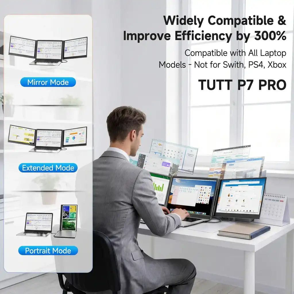 TUTT 15.6″ Dual Screen Portable Monitor | Single USB-C Cable Setup |  Silver Ultra Thin & Light, Built-In Speaker + Leather Bag | P7 Pro