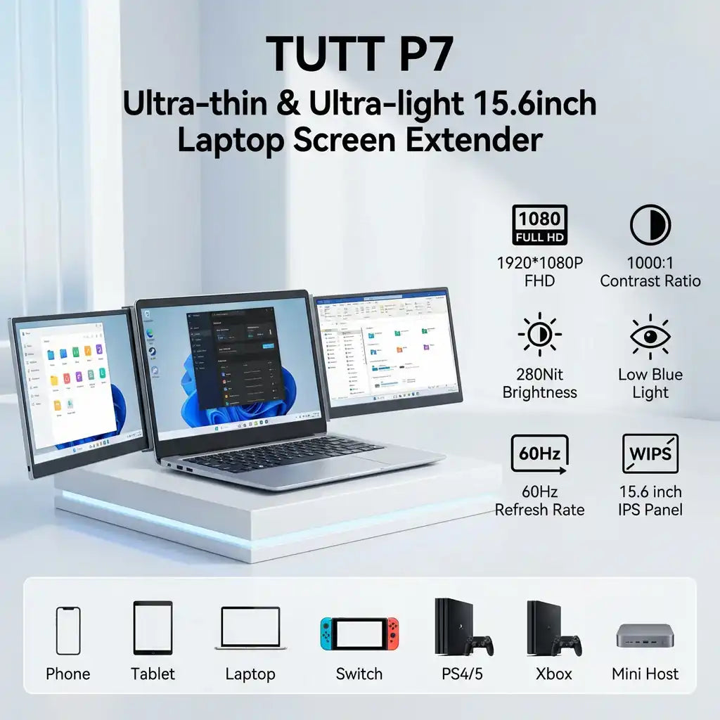 TUTT 15.6″ Dual Screen Portable Monitor, Silver Ultra Thin & Light |USB-C + HDMI Setup, Built-In Speaker + Leather Bag | H5 Video Transmission Cable Included P7