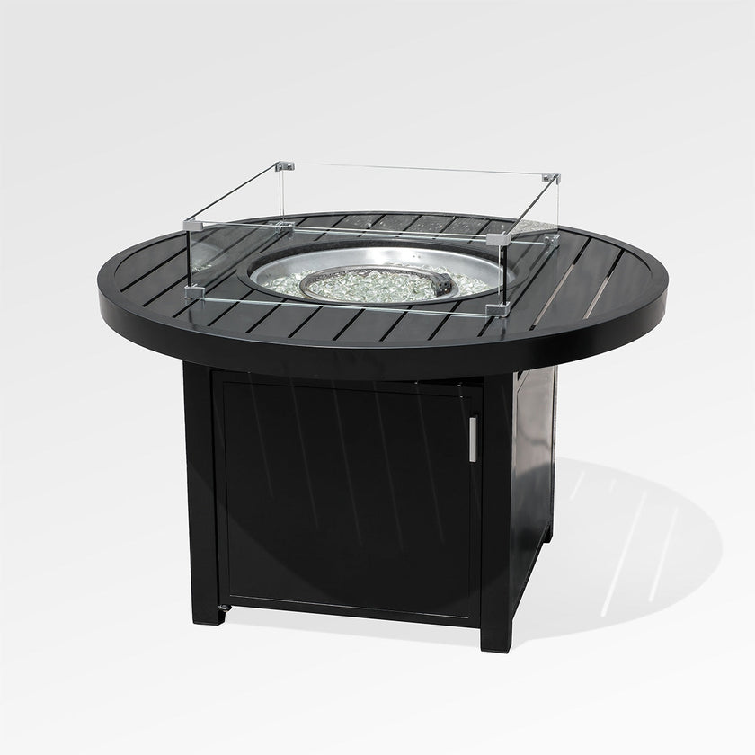 Outdoor Black Aluminum Round Fire Pit Table with Wind Guard and Cover