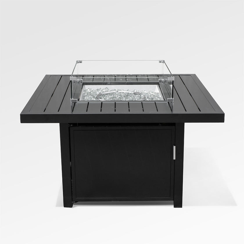 Outdoor Black Aluminum Square Fire Pit Table with Wind Guard & Cover