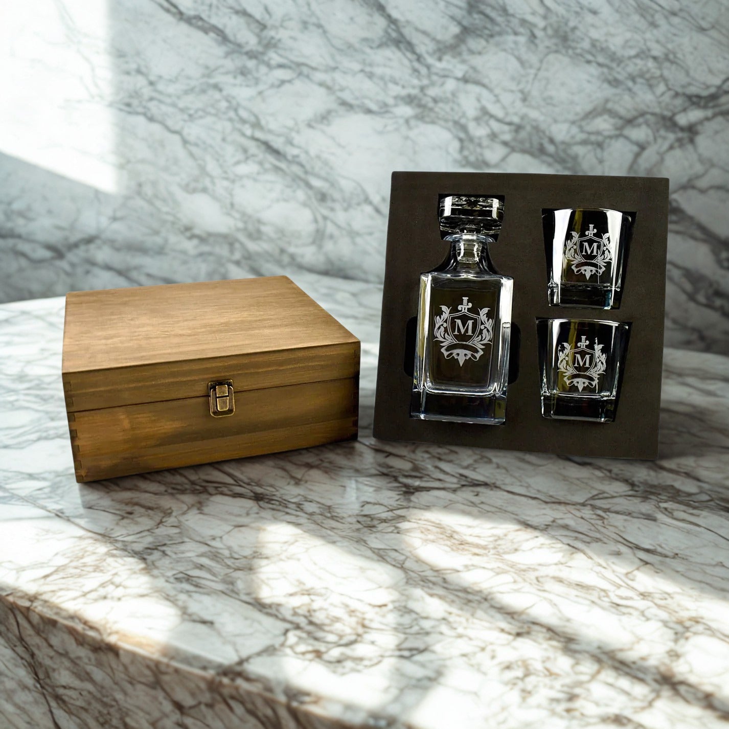 Personalized Rectangle Whiskey Decanter Set – Custom Engraved Decanter and Glasses for Men, Weddings, or Special Occasions