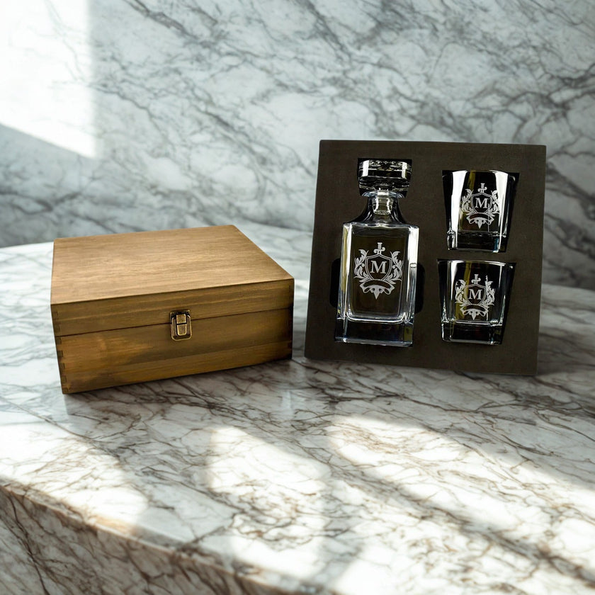 Personalized Square Whiskey Decanter Set with Optional Gift Box – Custom Engraved Decanter and Glasses for Men, Weddings, or Special Occasions