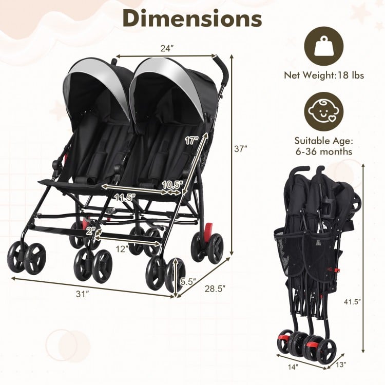 Foldable Twin Baby Double Stroller Ultralight Umbrella Kids Stroller-Black