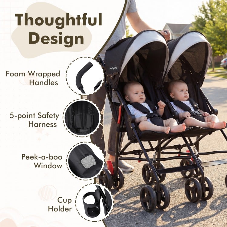 Foldable Twin Baby Double Stroller Ultralight Umbrella Kids Stroller-Black
