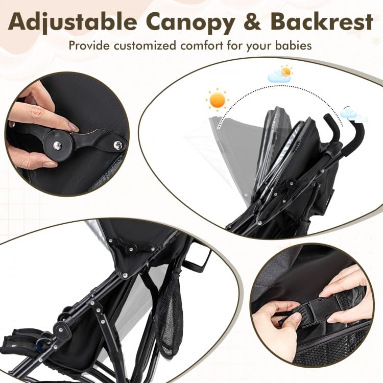 Foldable Twin Baby Double Stroller Ultralight Umbrella Kids Stroller-Black